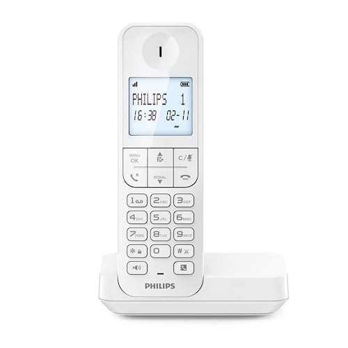 Philips D2701W Schnurloses Festnetztelefon, 11,6 cm (4,6 Zoll), vertikales Mikrofon, Freisprecheinrichtung, bis zu 14 Stunden, optimierte Antenne, Privatsphäre-Einstellungen, Weiß
