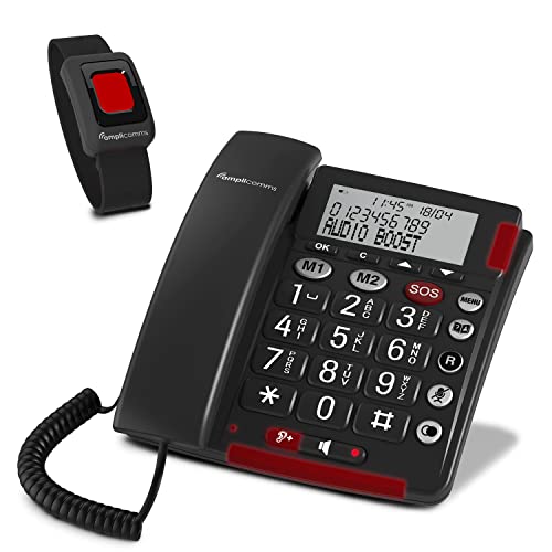Amplicomms BigTel 50 Alarm Plus, schnurgebundenes Großtasten-Telefon, mit SOS Taste und Notfallarmband, extra laut, Hörgerätekompatibel