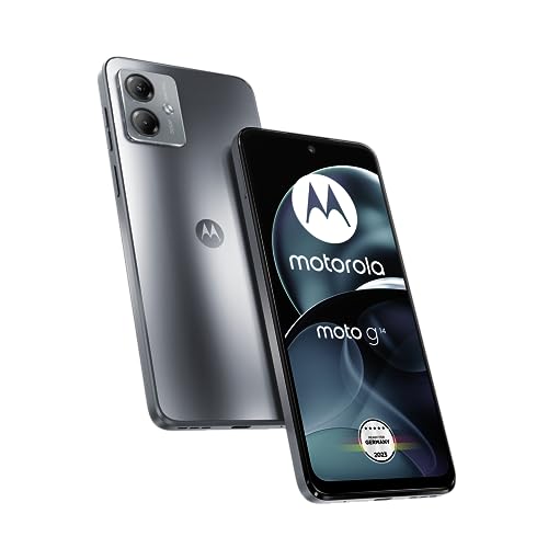 Motorola moto g14 Smartphone (6,5'-FHD+-Display, 50-MP-Frontkamera, 4/128 GB, 5000 mAh, Android 13) Steel Grey, inkl. Schutzcover + KFZ-Adapter [Exklusiv bei Amazon]