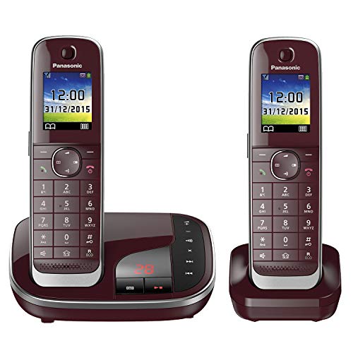 Panasonic KX-TGJ322GR Familien-Telefon mit Anrufbeantworter (schnurloses Telefon DUO, 2 Mobilteile, strahlungsarm, Anrufschutz) weinrot