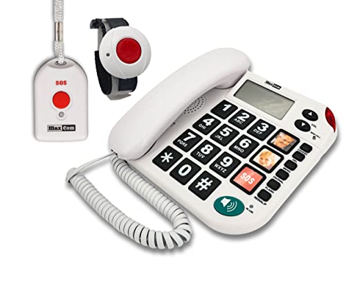 MAXCOM KXT481SOS(G-TELWARE®) Senioren-Notruf-Telefon mit Funk-SOS-Sender, schnurgebundenes Festnetztelefon, 1Armband+1Umhängesender, Große Tasten, Hörgerätekompatibel