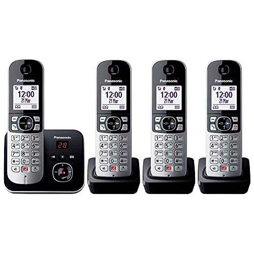 Panasonic KX-TG6864GB Schnurlostelefon mit 4 Mobilteilen und Anrufbeantworter (Bis zu 1.000 Telefonnummern sperren, übersichtliche Schriftgröße, lauter Hörer, Voll-Duplex Freisprechen) schwarz-silber