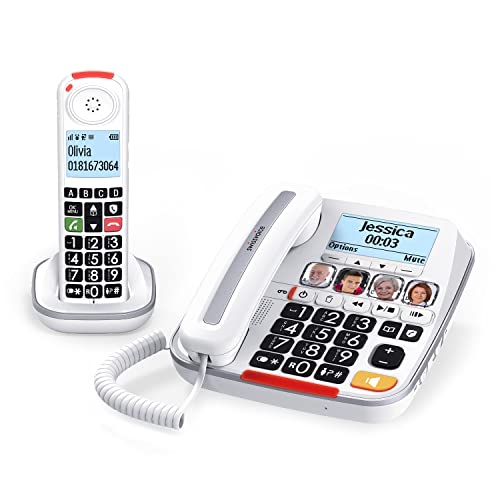 SWISSVOICE - Xtra 3355 Combo - DECT - Schnurgebundenes Festnetztelefon + Schnurloses Mobilteil - Große Tasten - Anrufbeantworter - Audio Boost - Kompatibel mit Hörgeräten - Anrufblockierung - Weiß