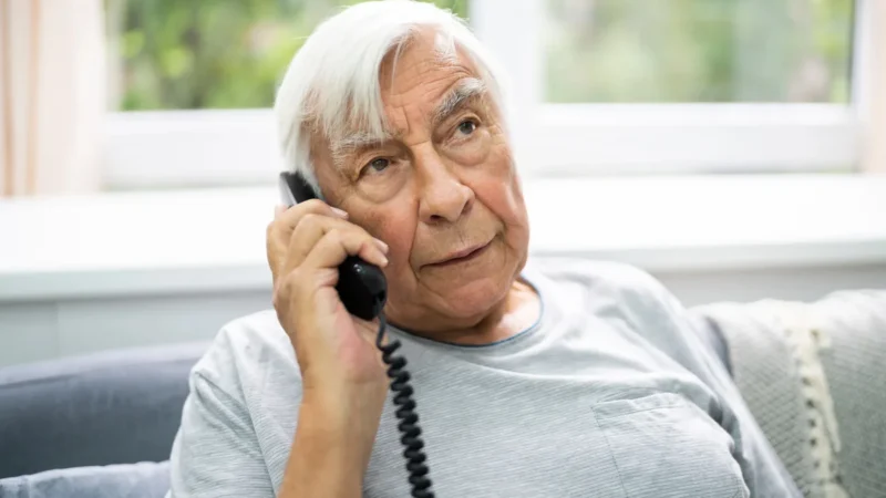 Älterer Mann telefoniert zu Hause mit einem schnurgebundenen Festnetztelefon
